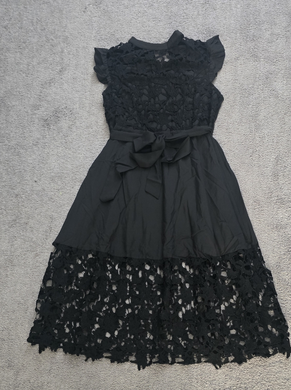 Black Lace Midi Dress with Waist Tie